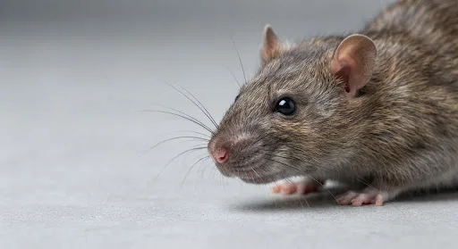 Extreme close up studio photography of brown rat on sterile clean neutral concrete surface, clinical pest control lighting, detailed fur and whiskers, cinematic high resolution