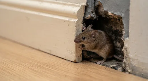 Macro photography of small domestic mouse exploring dark wall crevice inside modern kitchen skirting board, high resolution pest detection visual
